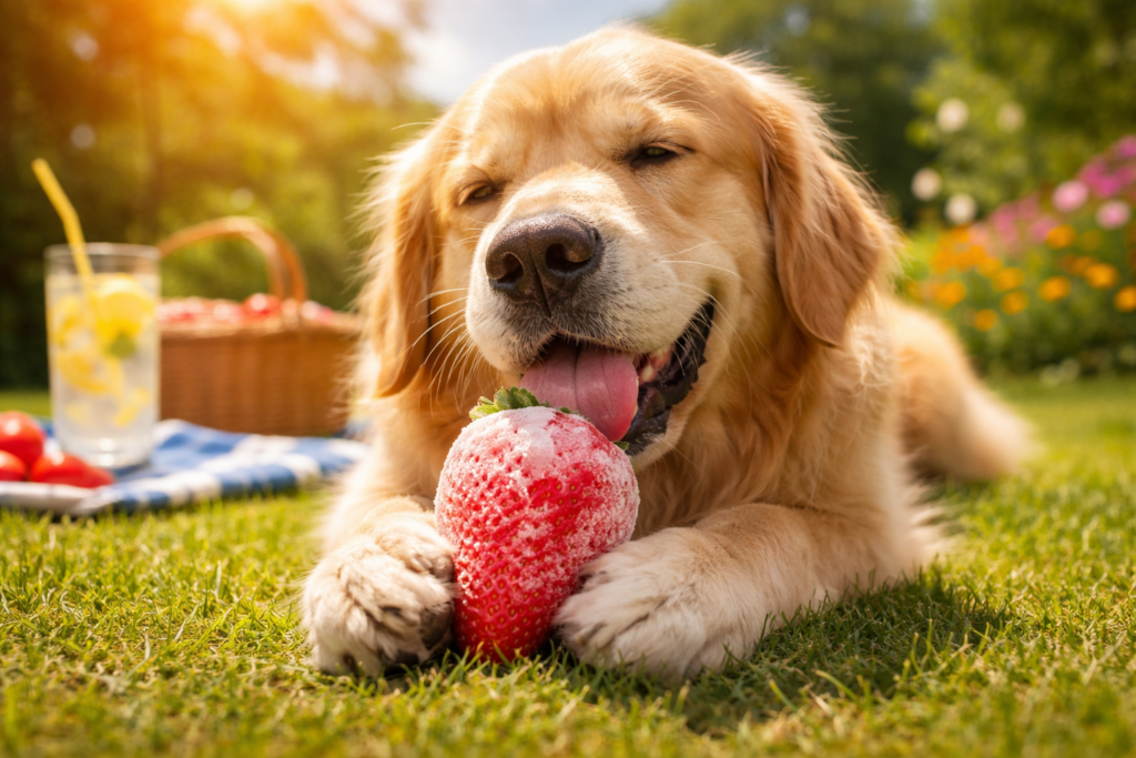 Dog enjoying a frozen strawberry treat on a hot day