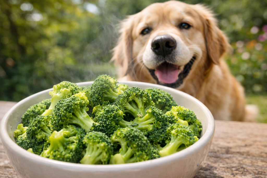 Bowl of steamed broccoli prepared for dogs