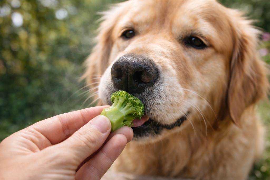 Dog eating small chopped piece of broccoli stem