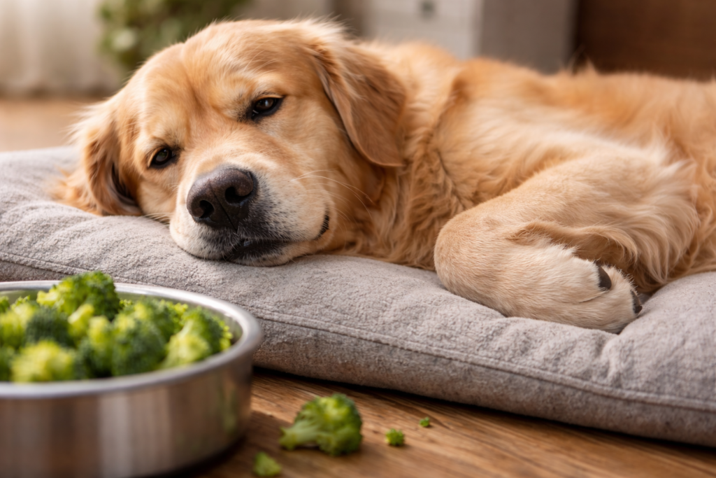 Dog showing signs of digestive discomfort after eating broccoli