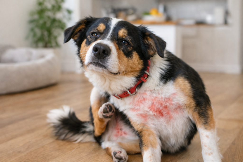 Dog showing signs of shrimp allergies—vomiting or rash after eating shrimp