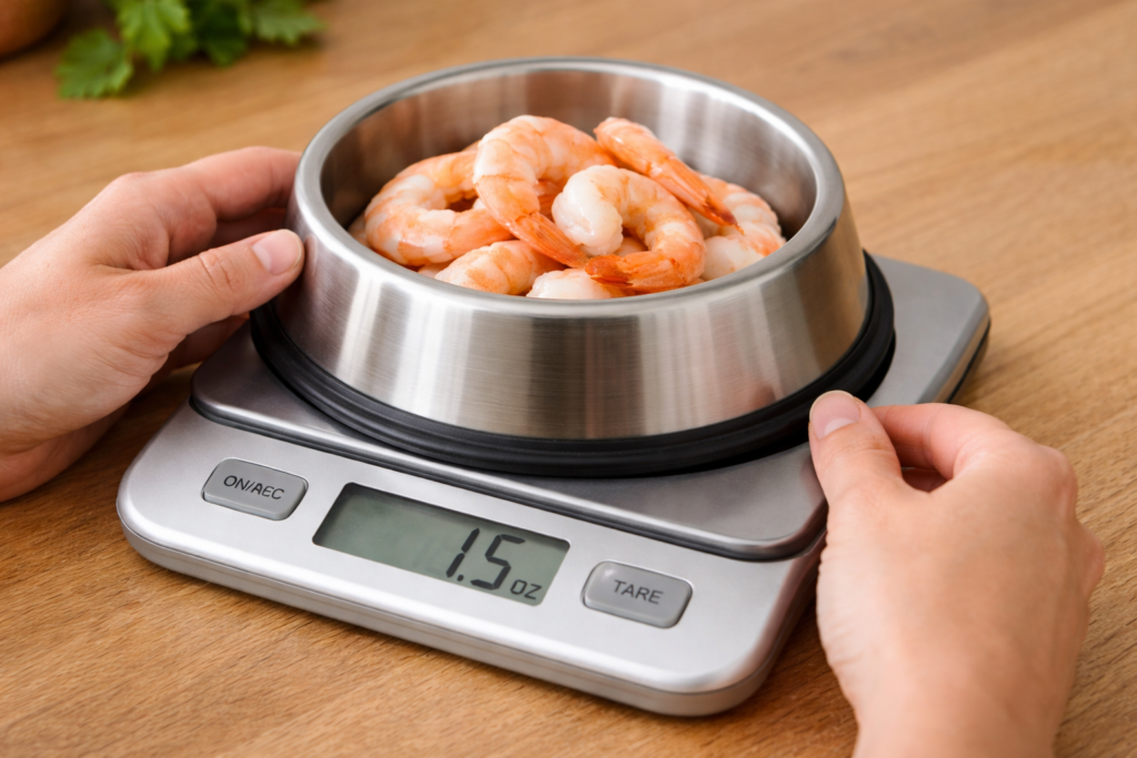 Measuring shrimp portion for dogs using a kitchen scale to ensure moderation