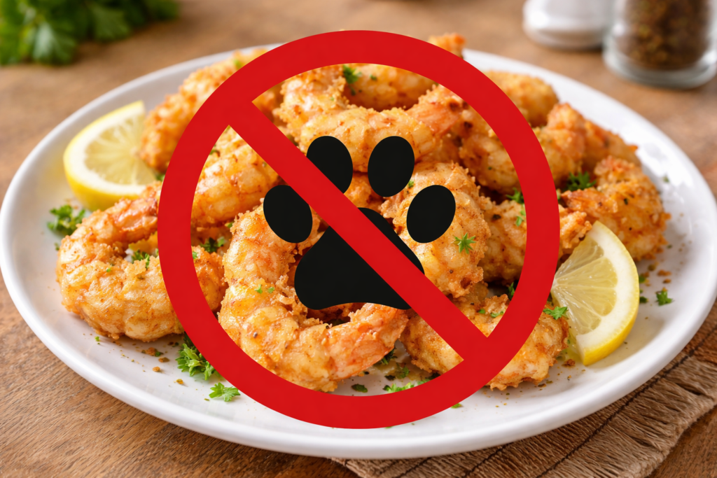 Fried shrimp with batter—warning not suitable for dogs due to high salt and fat content.