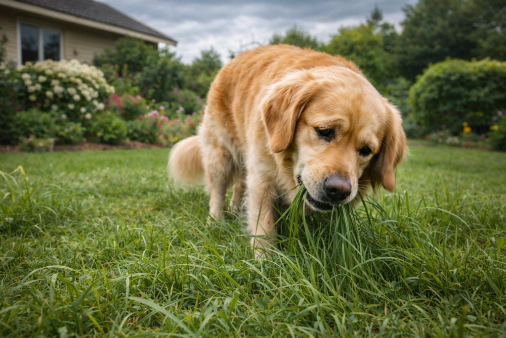 Dog eating grass to soothe upset stomach in the garden