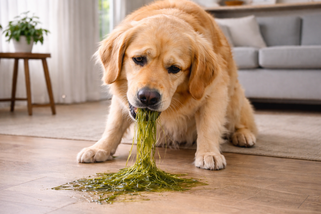 Dog vomiting after eating grass in the garden due to stomach discomfort