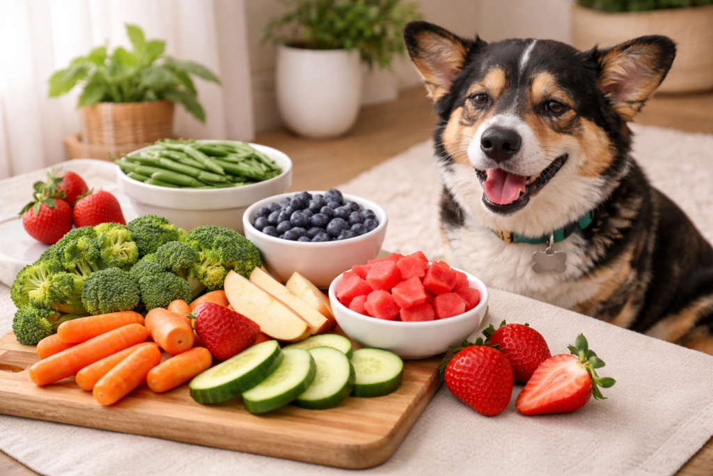 Dog-friendly fruits and vegetables like carrots, blueberries, and apples