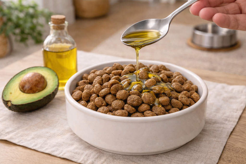 Avocado oil being added to a dog food bowl for health benefits