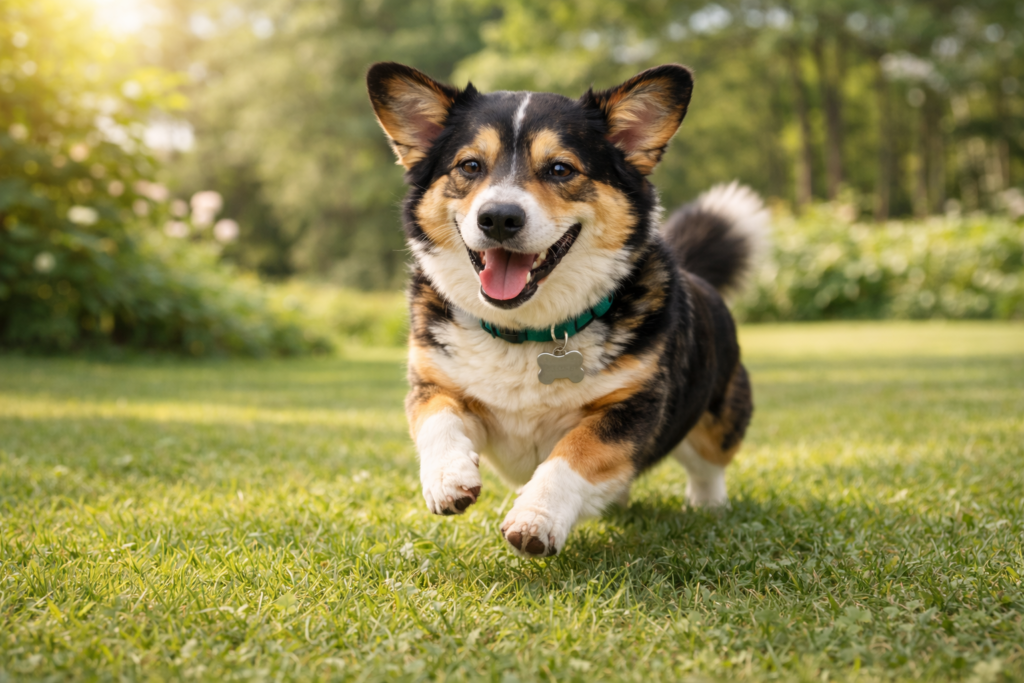 Healthy dog playing outside with a shiny coat, thanks to good nutrition