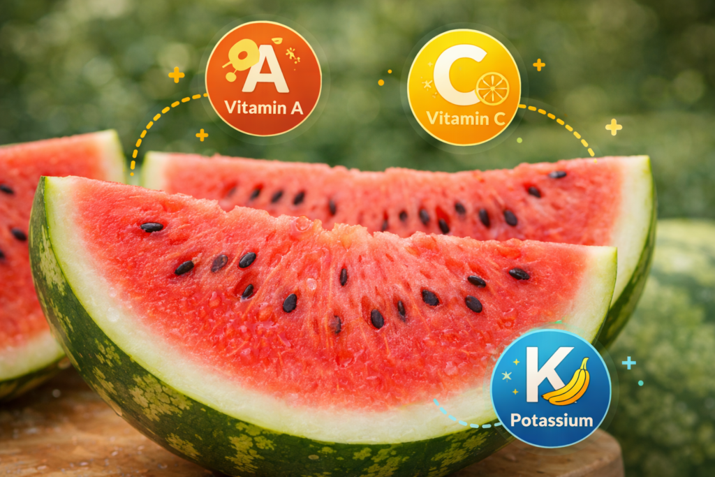 Watermelon slices with health benefits for dogs, including vitamins and potassium.
