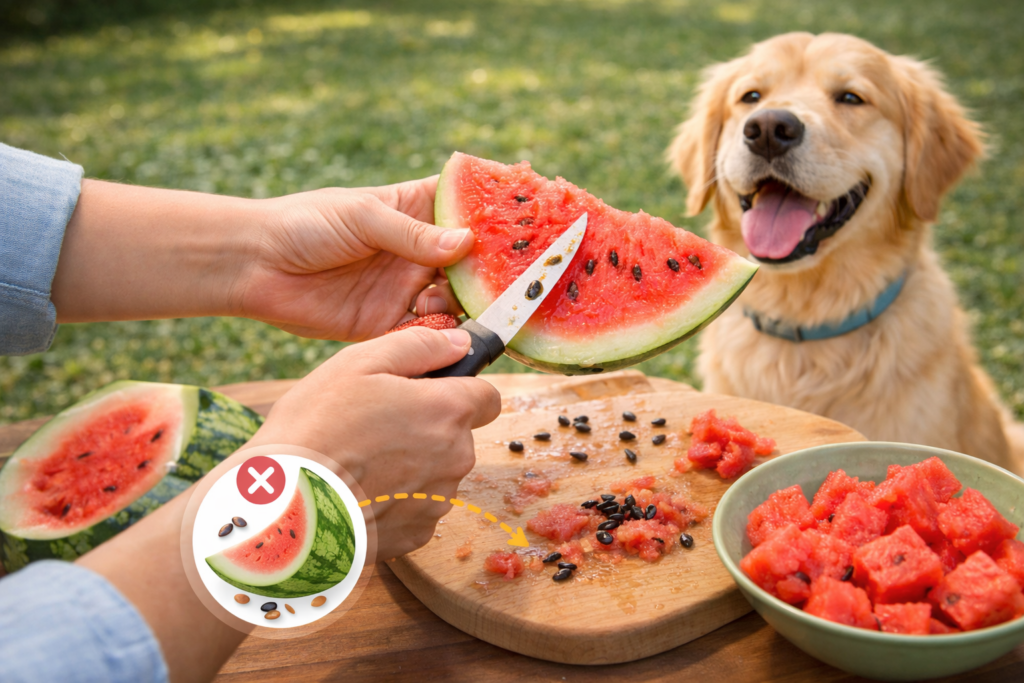 Puppy enjoying a small piece of watermelon, safe for their digestion