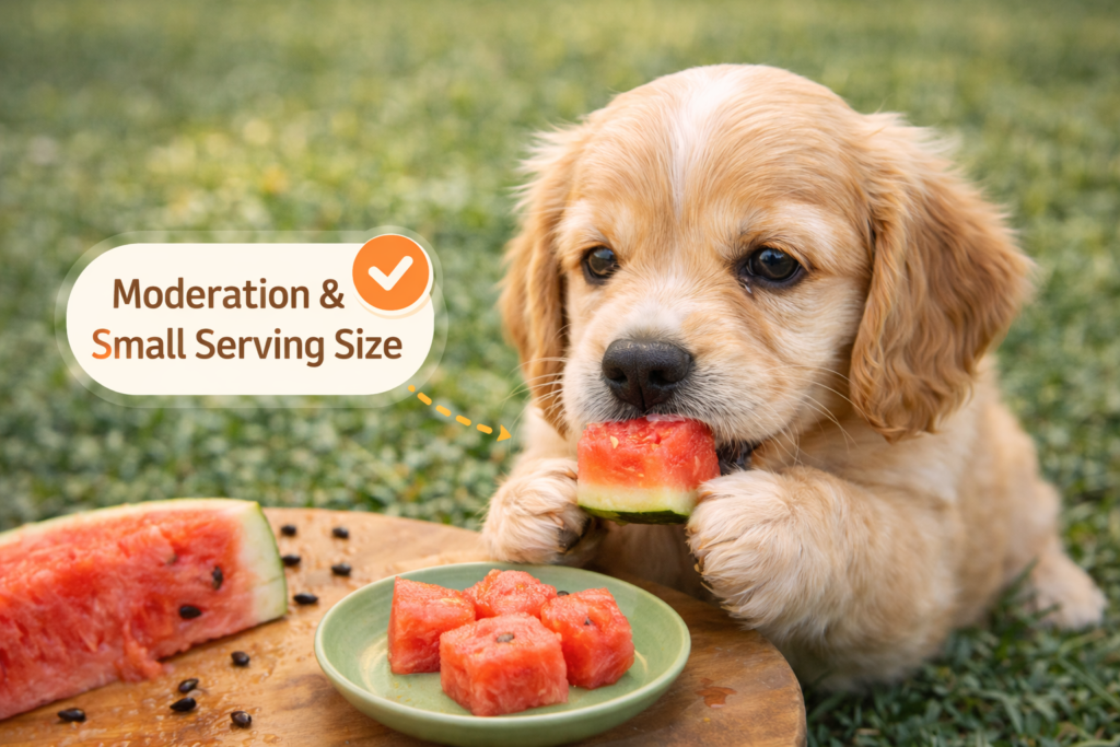 Puppy enjoying a small piece of watermelon, safe for their digestion.