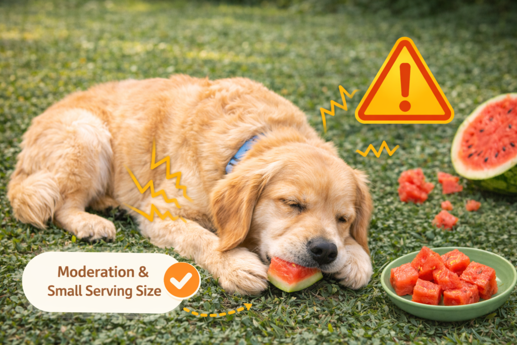 Dog showing discomfort after eating too much watermelon, warning against overfeeding