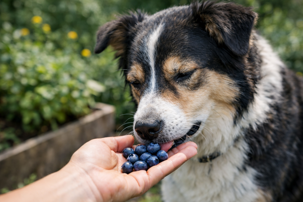 Dog eating blueberries from owner's hand