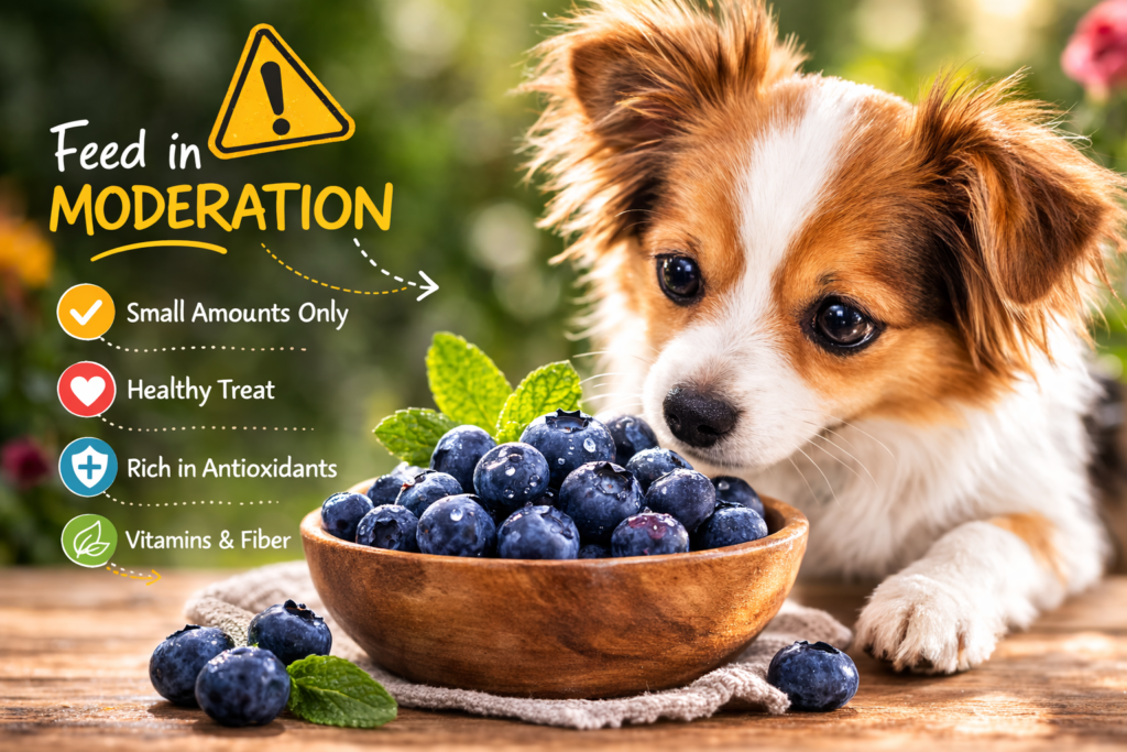 Dog looking at blueberries showing potential risks of overfeeding
