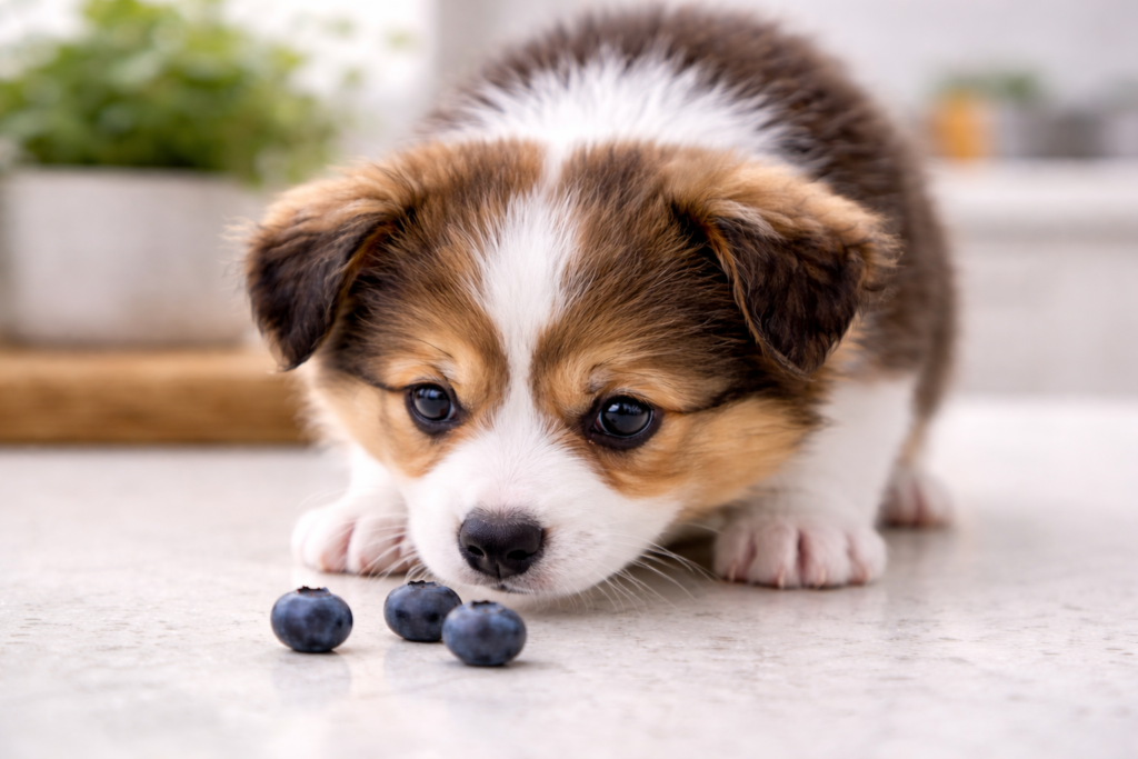 Puppy sniffing blueberries as a safe snack
