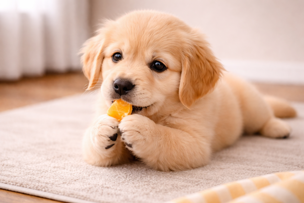 Puppy eating small portions of orange as a treat.