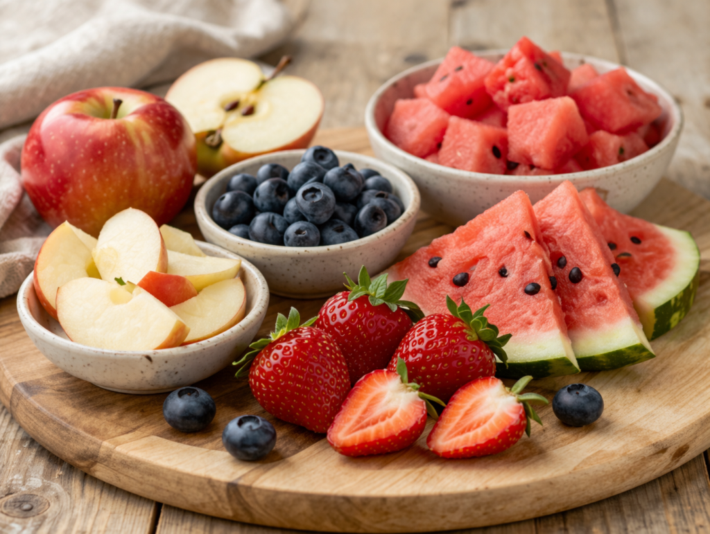 Healthy fruit options for dogs including apples, blueberries, and watermelon