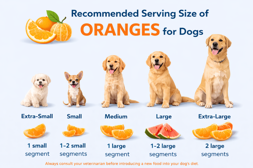 Infographic showing the recommended orange serving size for different dog sizes.
