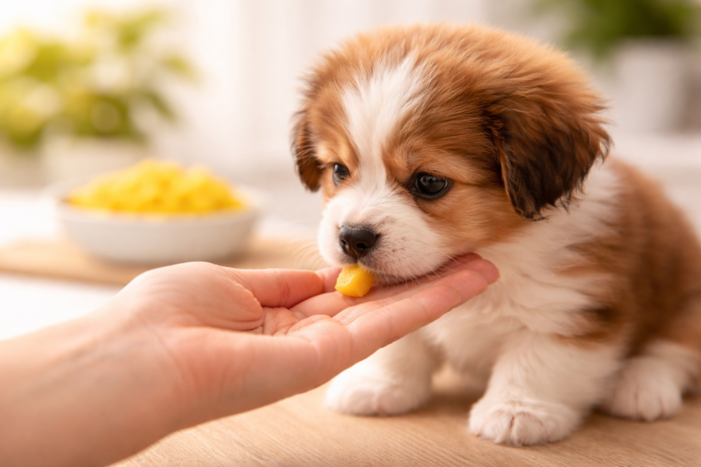 puppy eating small piece of mango safely