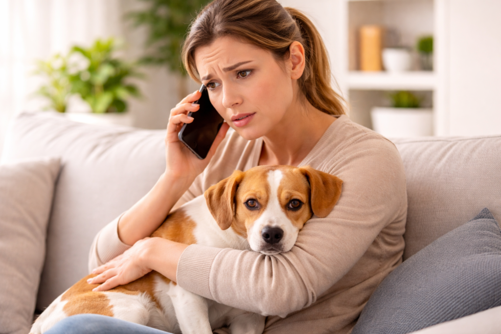 concerned pet owner holding dog while calling vet dog looking slightly distressed indoor setting realistic