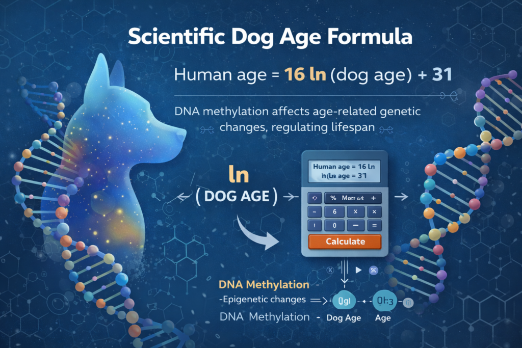 scientific dog age formula human age equals sixteen ln dog age plus thirty one