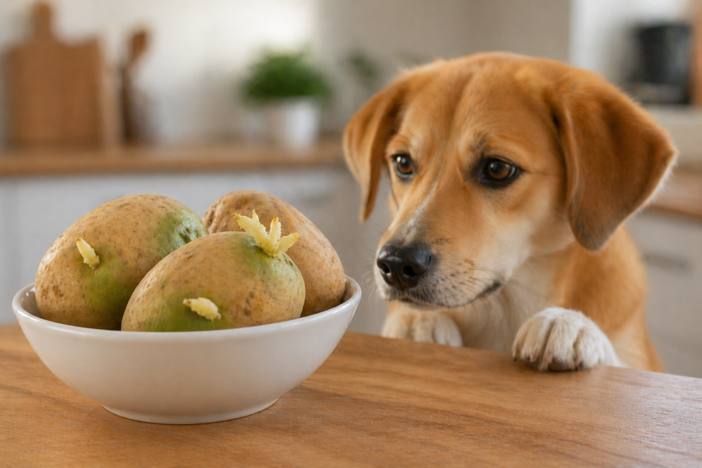A curious dog looking toward raw green sprouted potatoes that are kept out of reach.