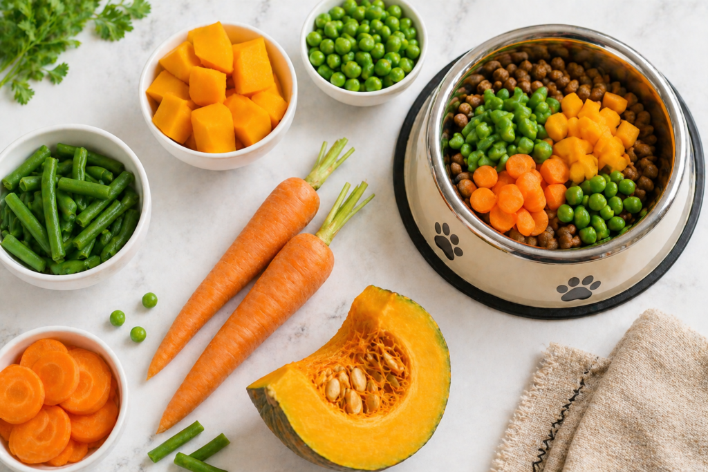 Dog safe vegetables like carrots green beans pumpkin and peas