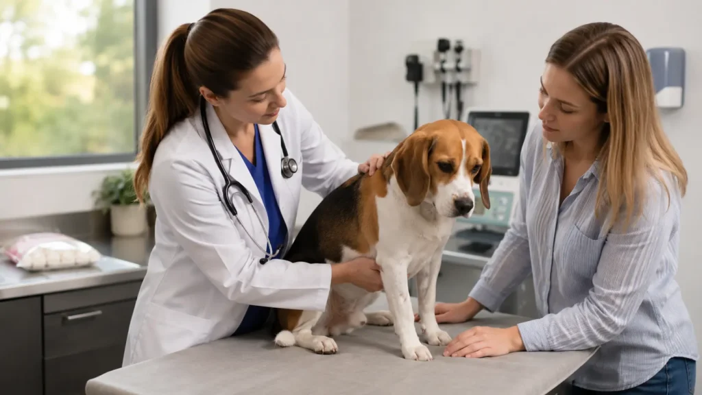 Veterinarian examining a dog after it ate marshmallows