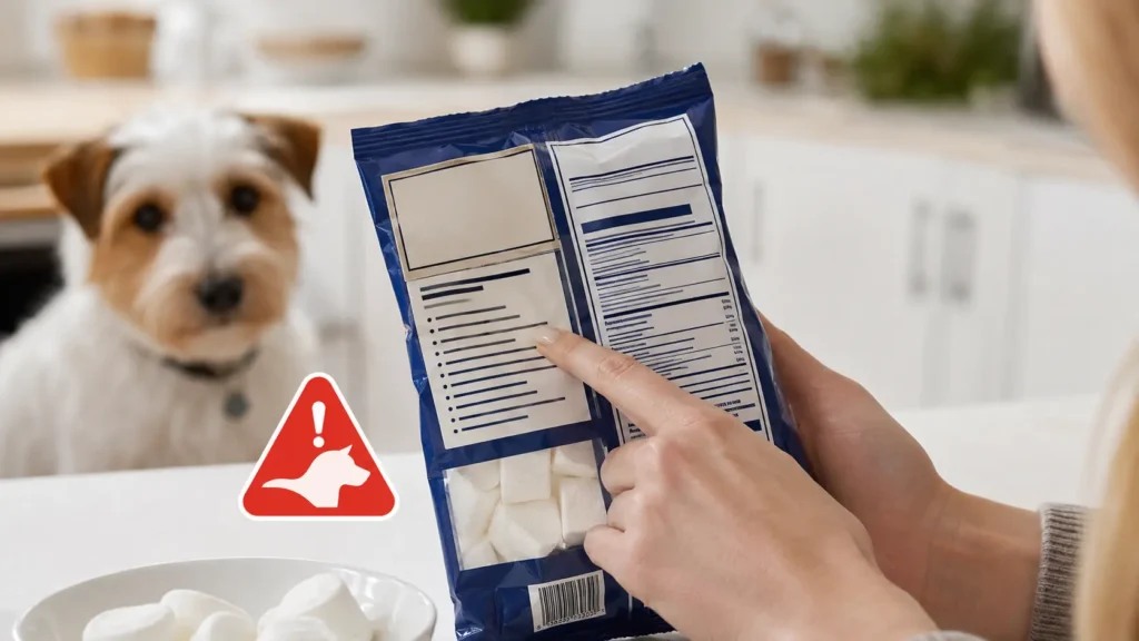 Owner checking a sugar-free marshmallow label for xylitol