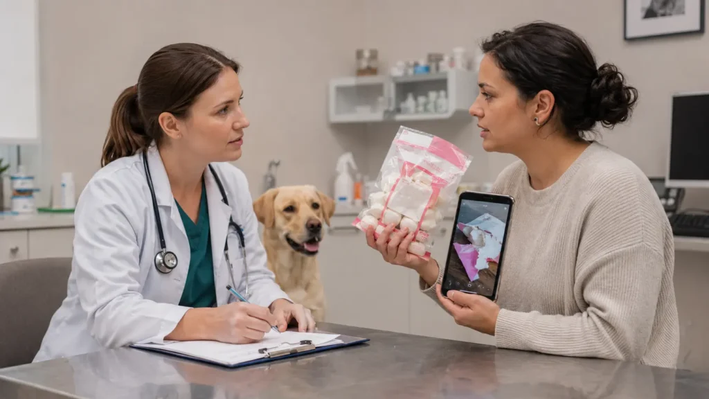 Veterinarian assessing a marshmallow ingestion case