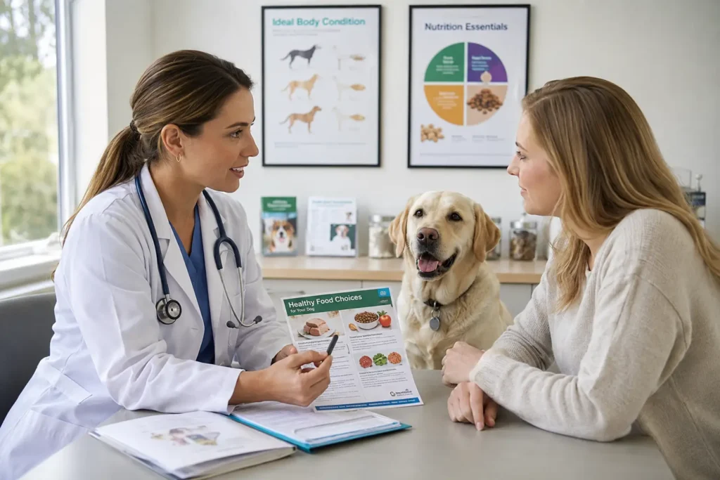 Veterinarian explaining healthy food choices for dogs
