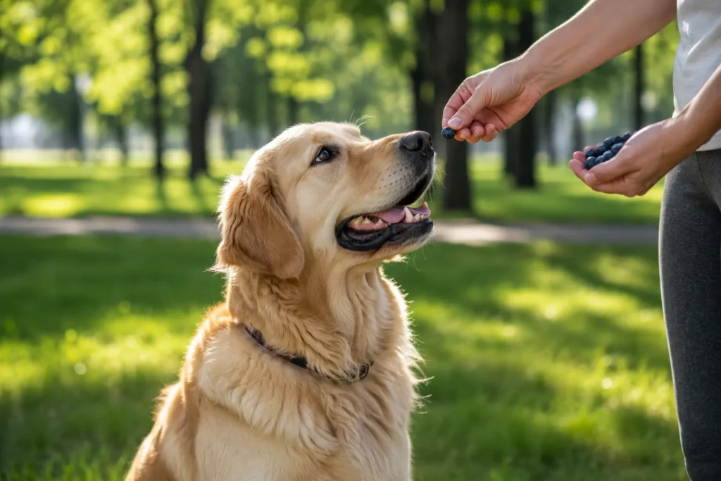 Golden Retriever receiving blueberries as a healthy training reward