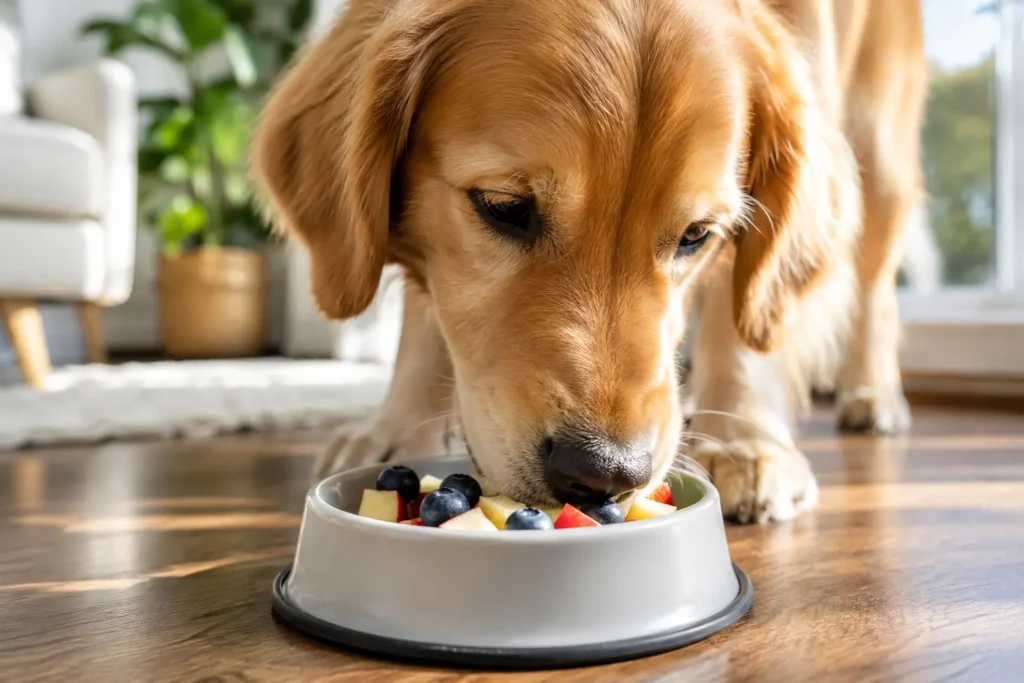 Dog eating healthy fruit treats safely