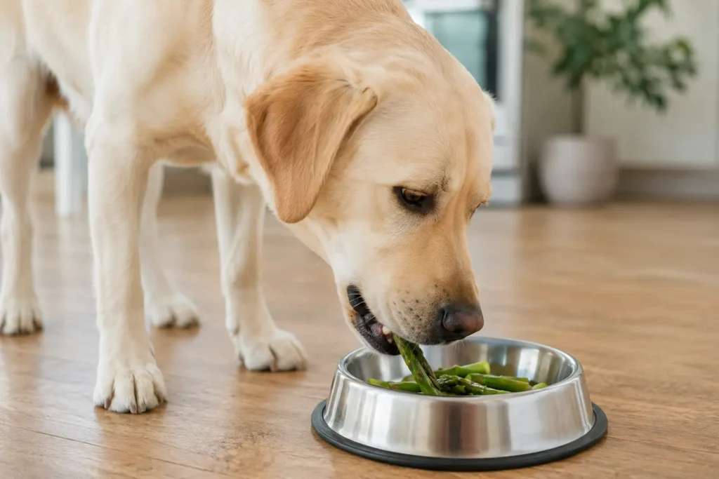 Dog safely eating small pieces of steamed asparagus