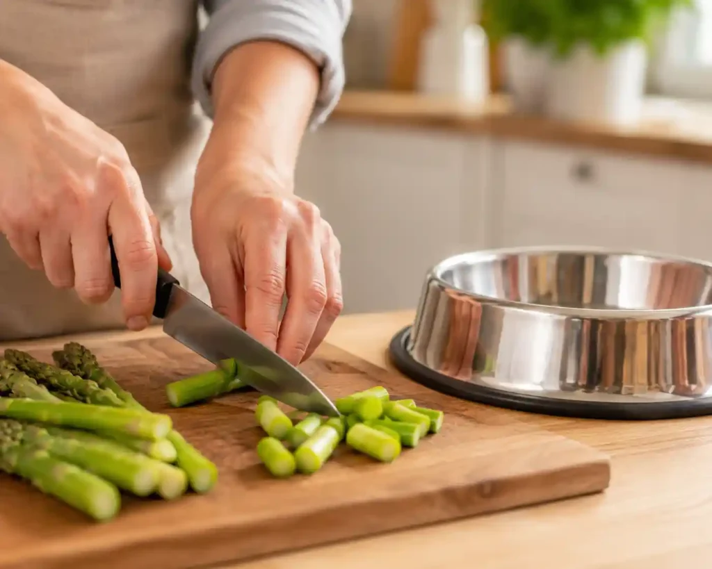 Preparing steamed asparagus into small pieces for dogs