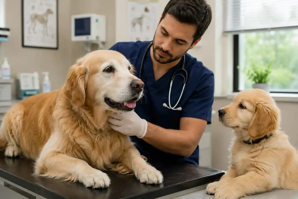 Veterinarian examining a senior dog and puppy