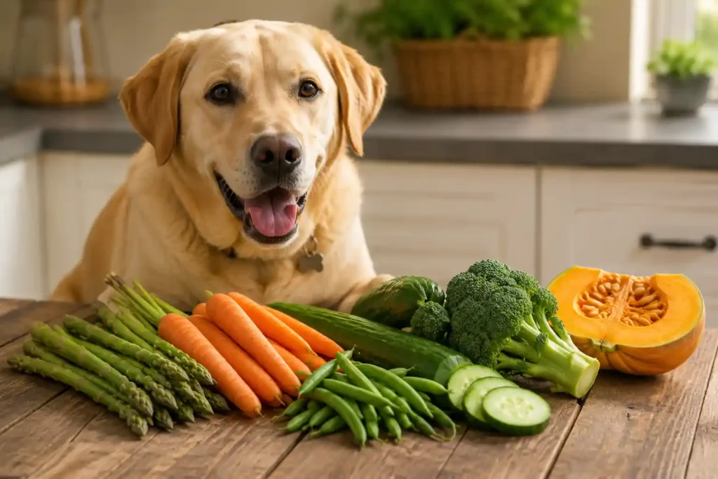 Healthy dog-safe vegetables including asparagus carrots and green beans