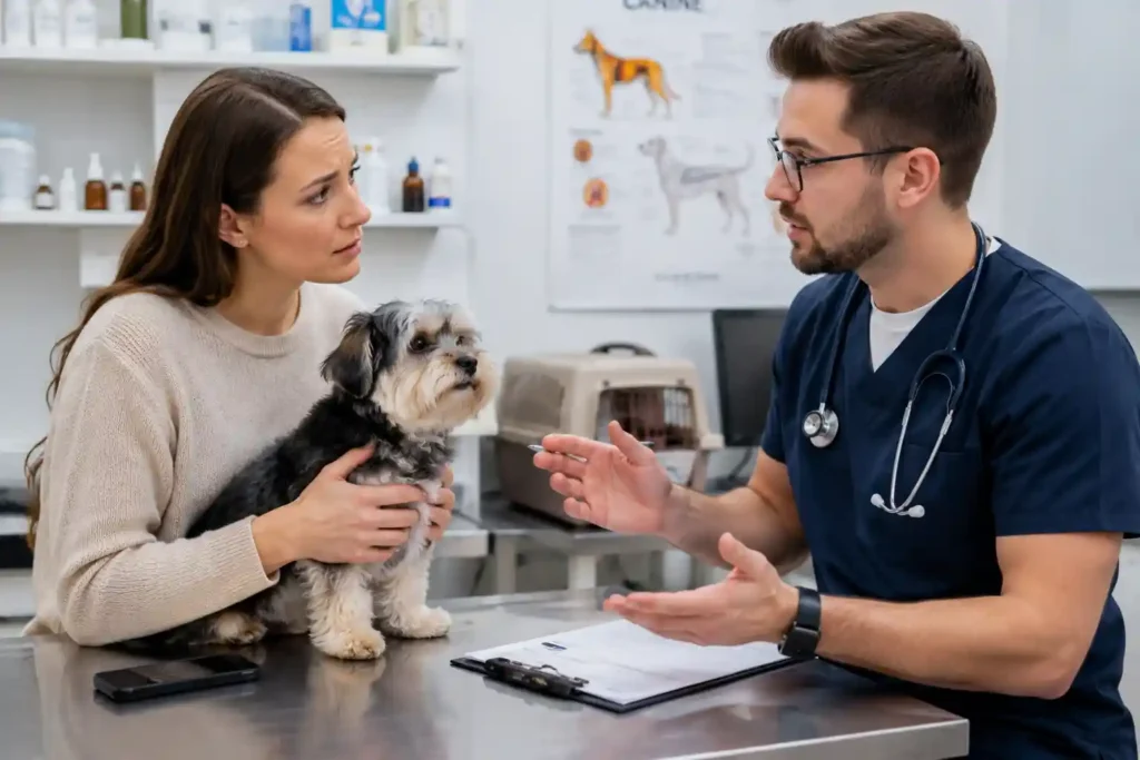 Pet owner consulting a veterinarian about dog health