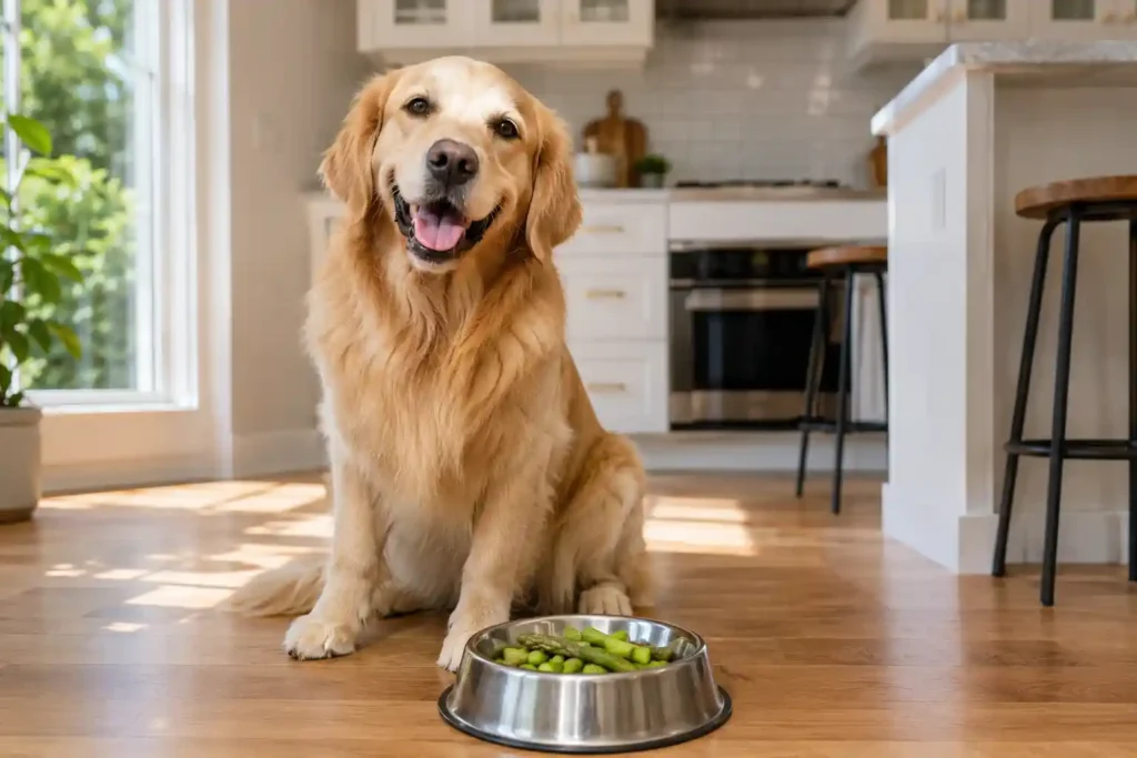 Healthy dog beside a bowl of safely prepared asparagus