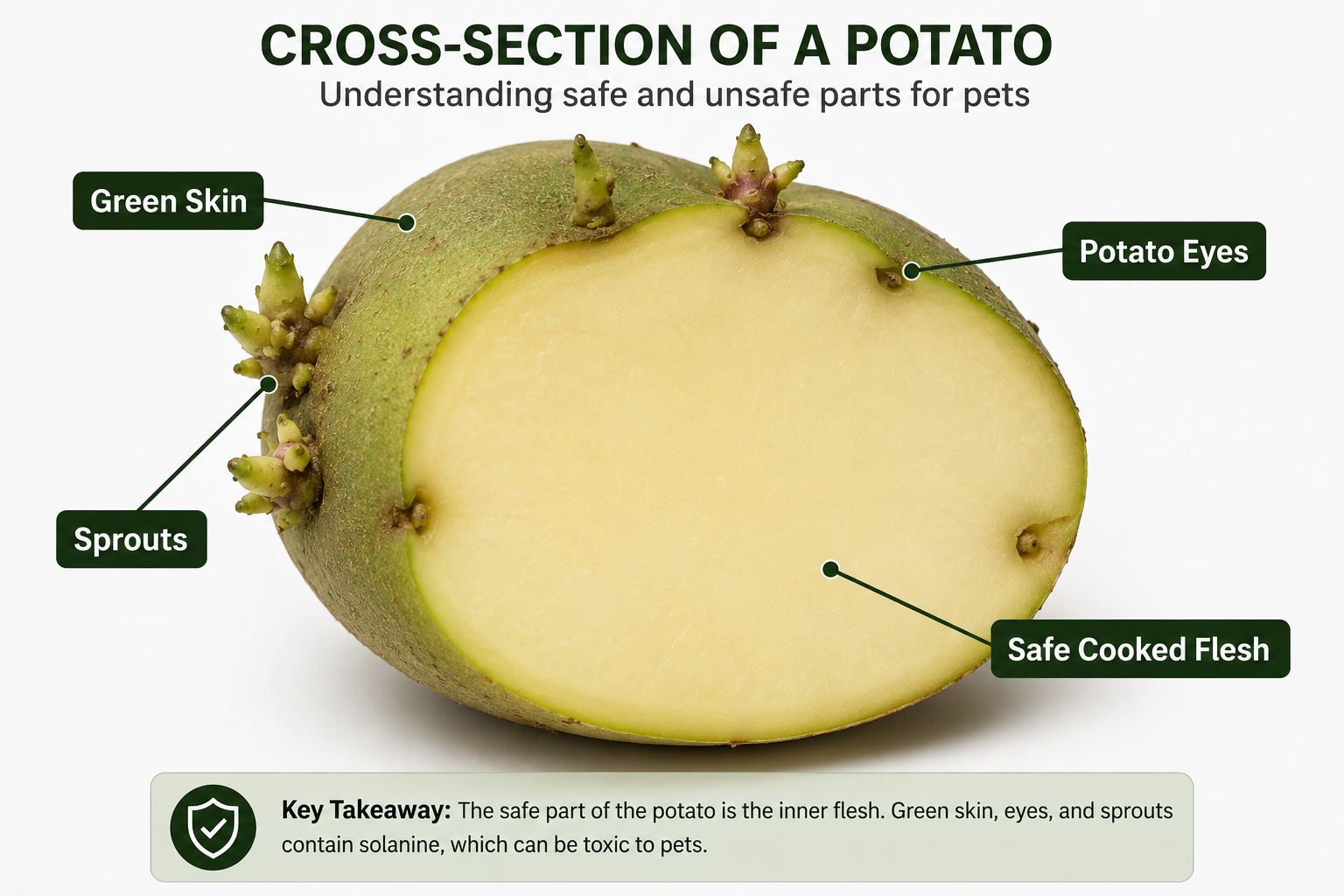 Diagram showing green potato skin, sprouts and potato eyes that may be unsafe for dogs