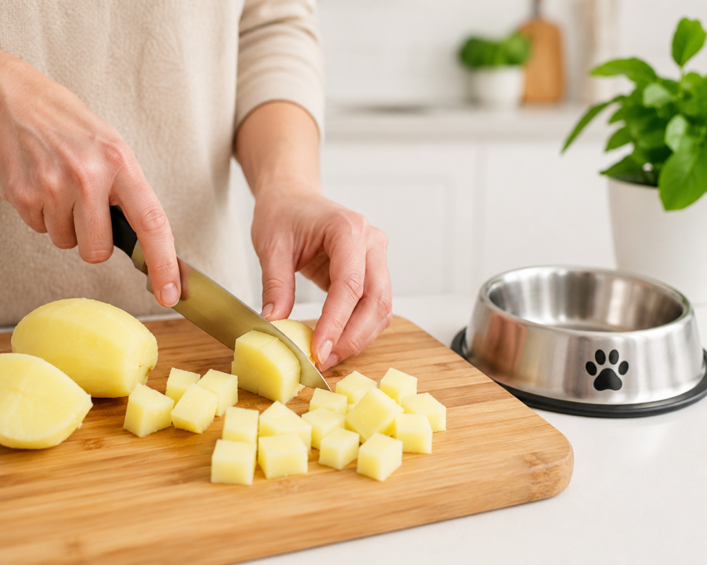 Plain boiled potatoes cut into bite-sized pieces for dogs