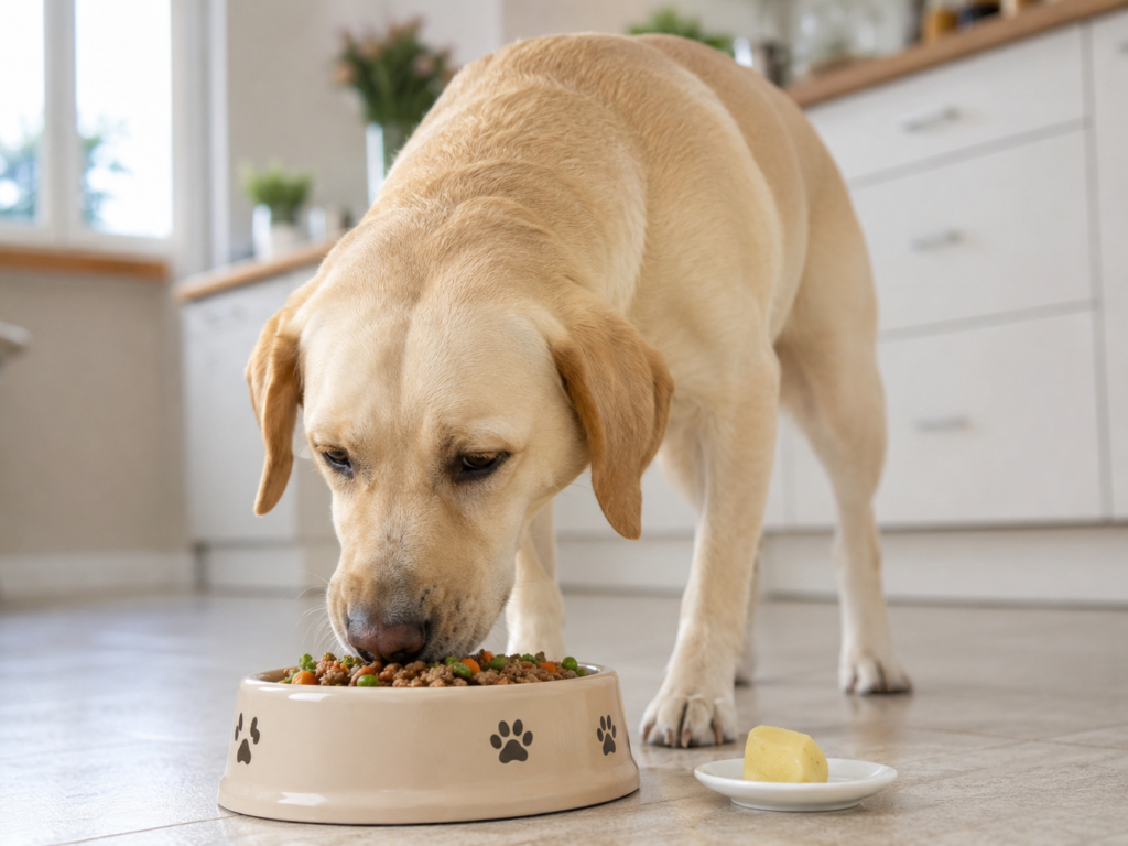 Healthy dog eating a balanced meal with a small piece of cooked potato as a treat