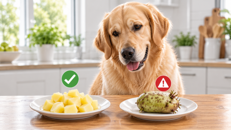 Golden Retriever comparing plain cooked potato with an unsafe green sprouted potato
