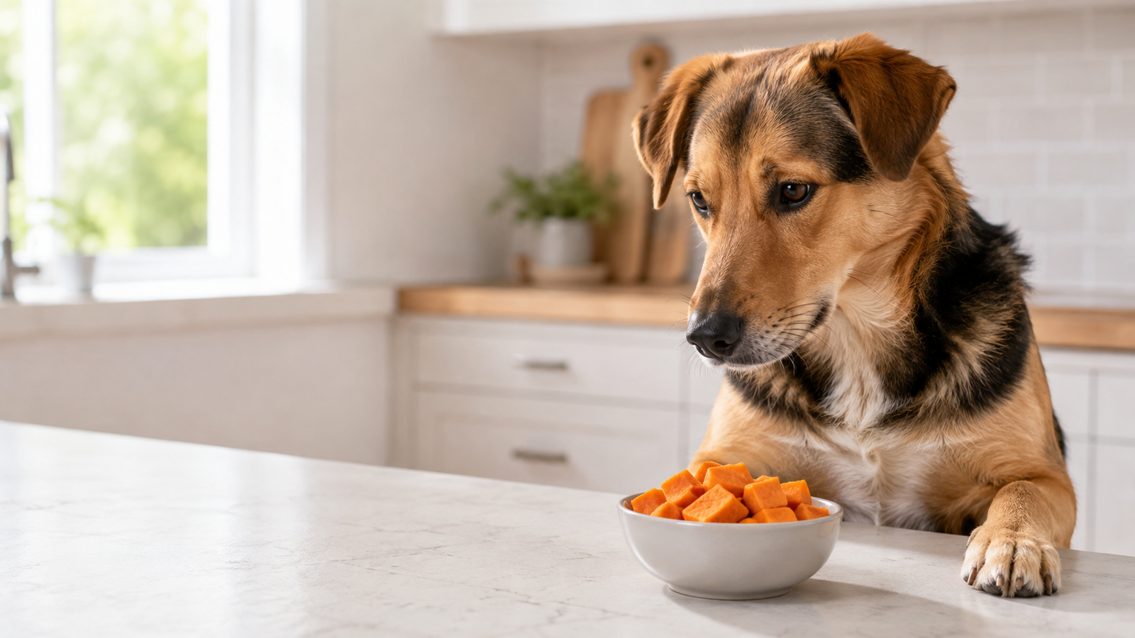 Dog looking at a bowl of plain cooked sweet potatoes