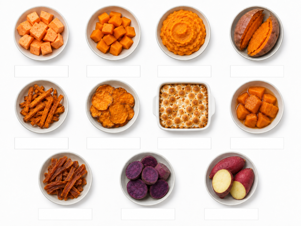 Different cooked, raw and processed forms of sweet potato