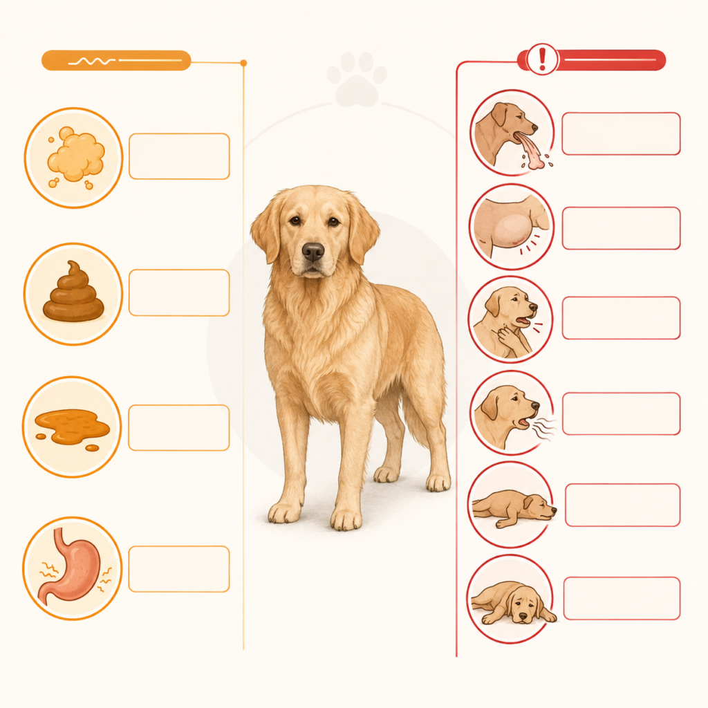 Possible mild and emergency symptoms after a dog eats sweet potato