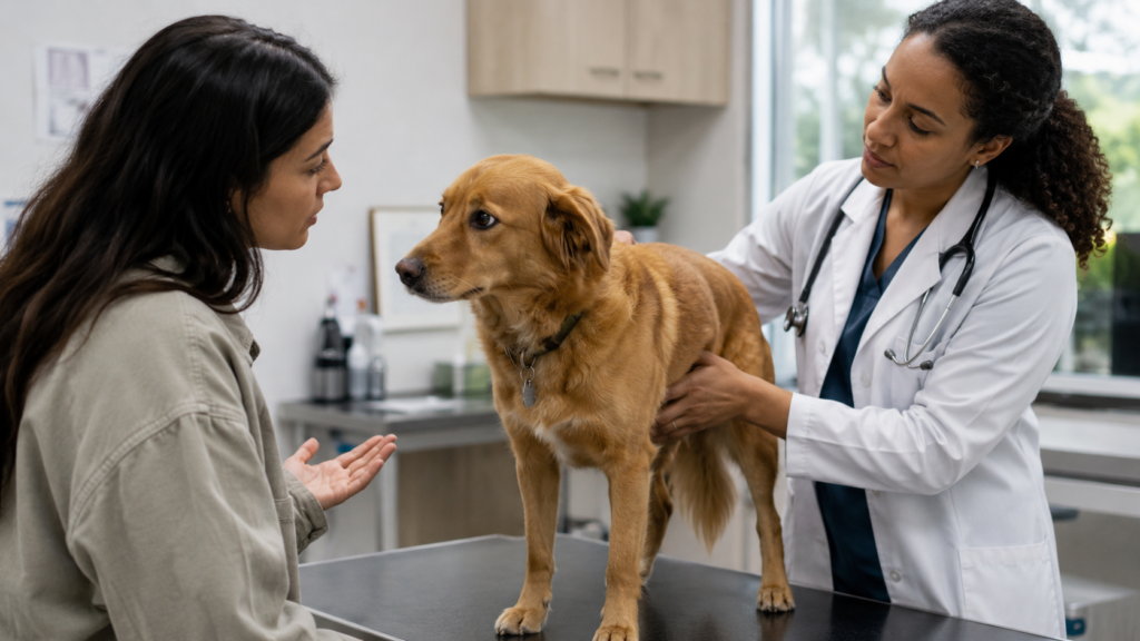 Veterinarian examining a dog with possible digestive discomfort