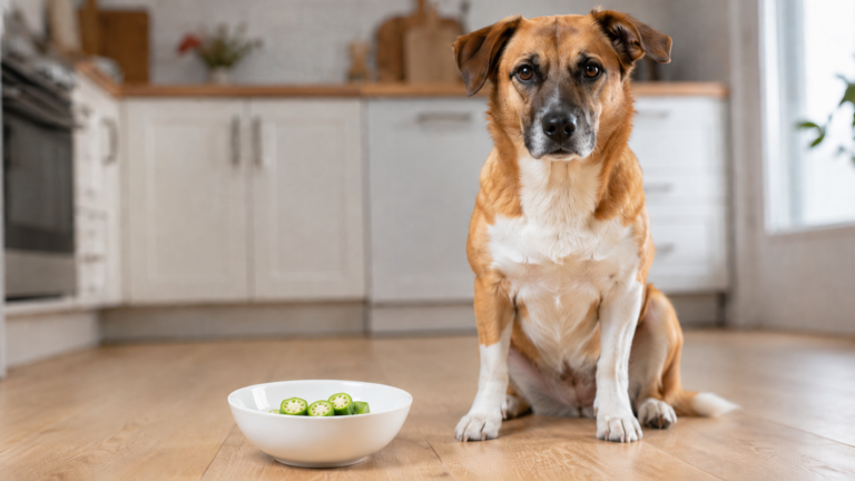 Healthy dog beside plain steamed okra cut into bite-sized pieces