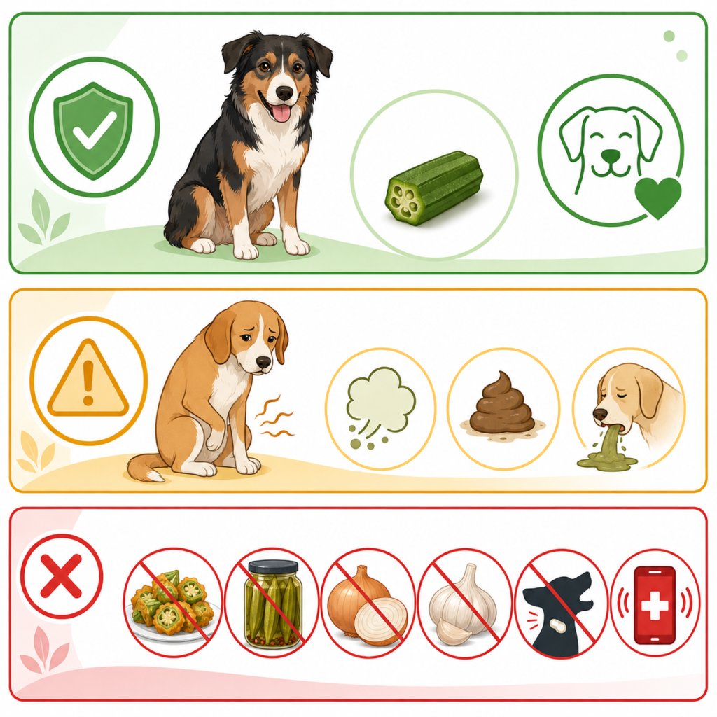 Three okra safety levels for dogs, from small plain portions to emergency risks