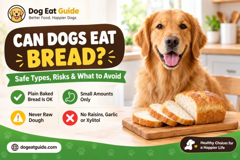 A golden retriever beside a board of plain baked bread with the title "Can Dogs Eat Bread? Safe Types, Risks and What to Avoid"